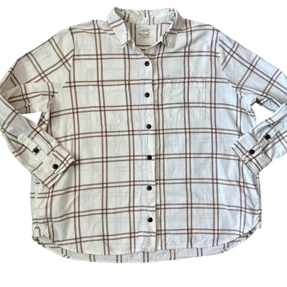 J. Crew Plus Neutral Plaid Flannel Shirt Jacket Cream‎ Brown Size XXL